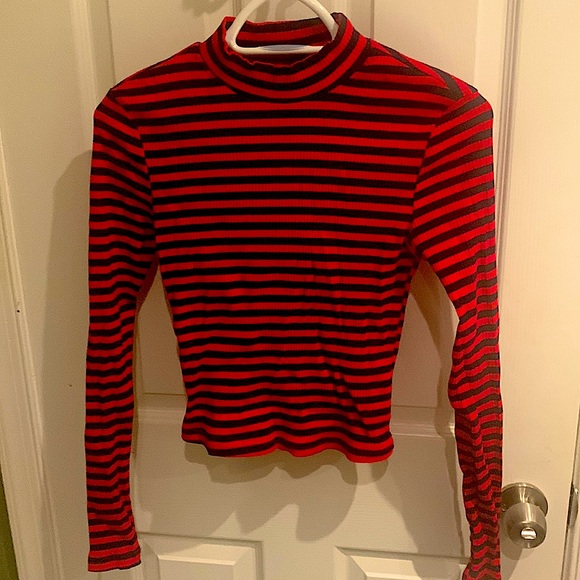 Tops - Red and black Mock-Neck Rib-Knit Striped Tee